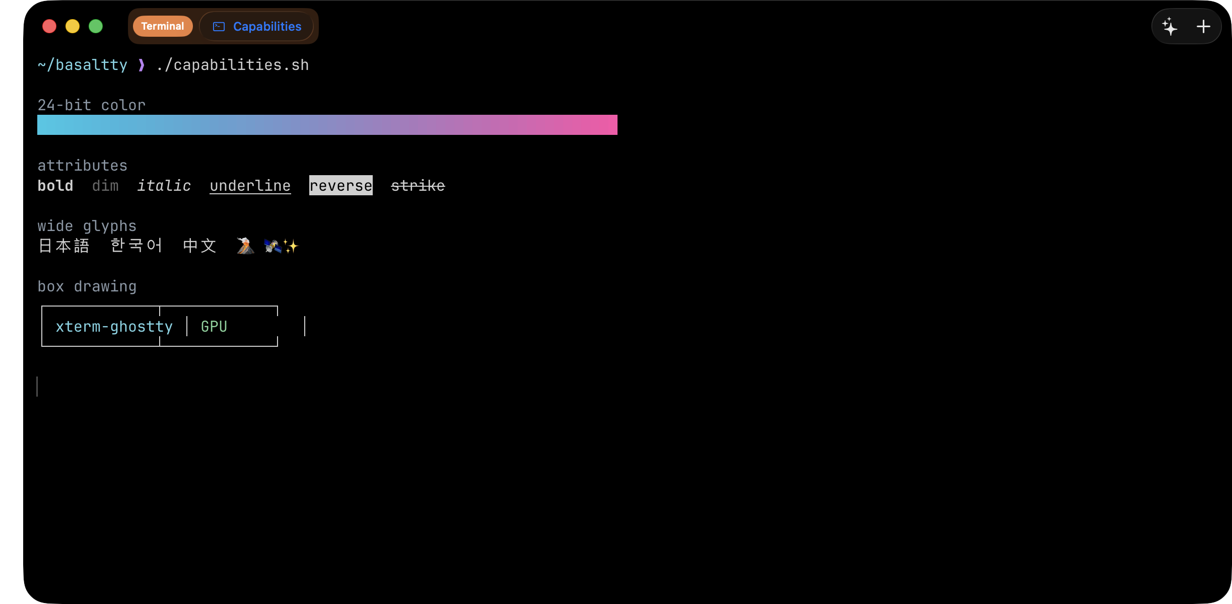 Truecolor ramp, text attributes, wide glyphs and box drawing
