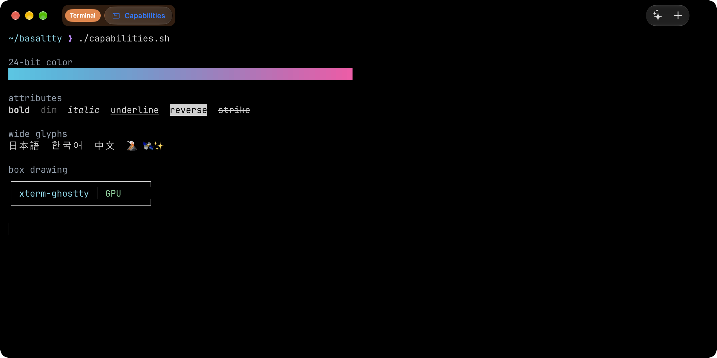 Truecolor ramp, text attributes, wide glyphs and box drawing