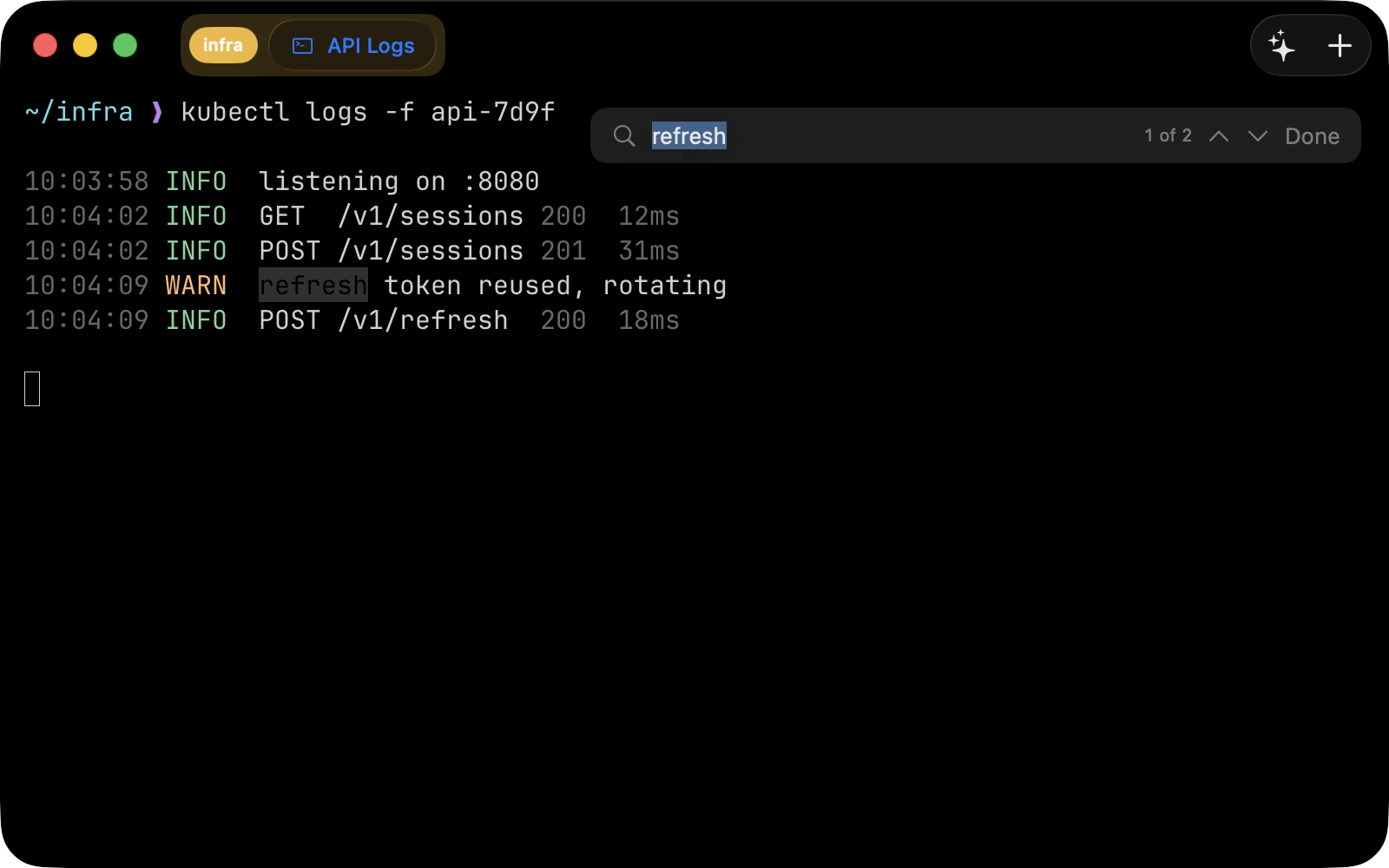 The find bar searching the scrollback, with matches highlighted