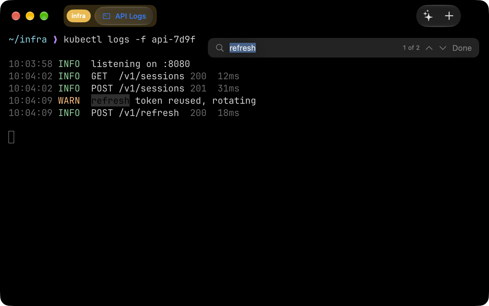 The find bar searching the scrollback, with matches highlighted