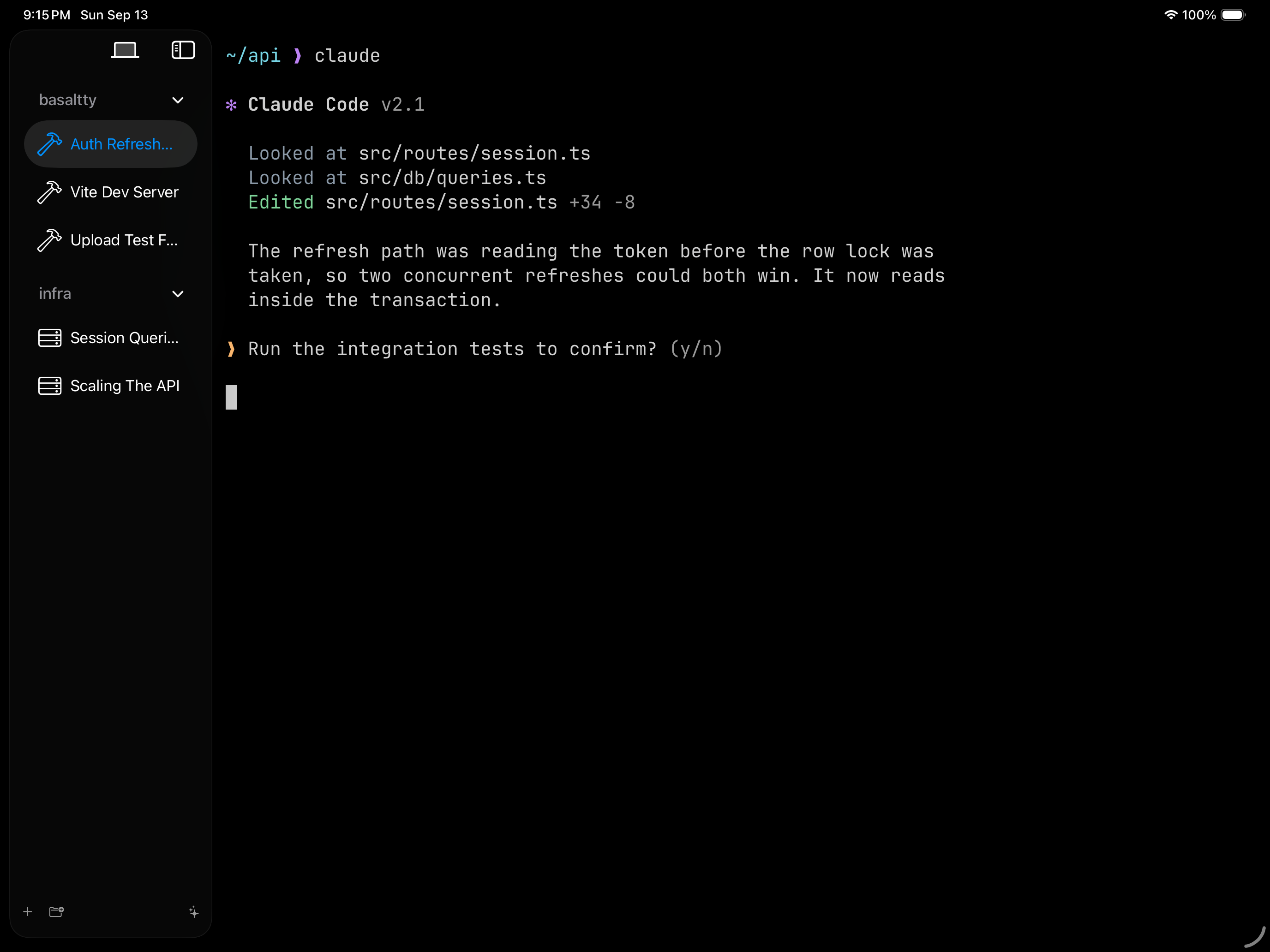 Basaltty on an iPad, with the sidebar and a terminal beside it