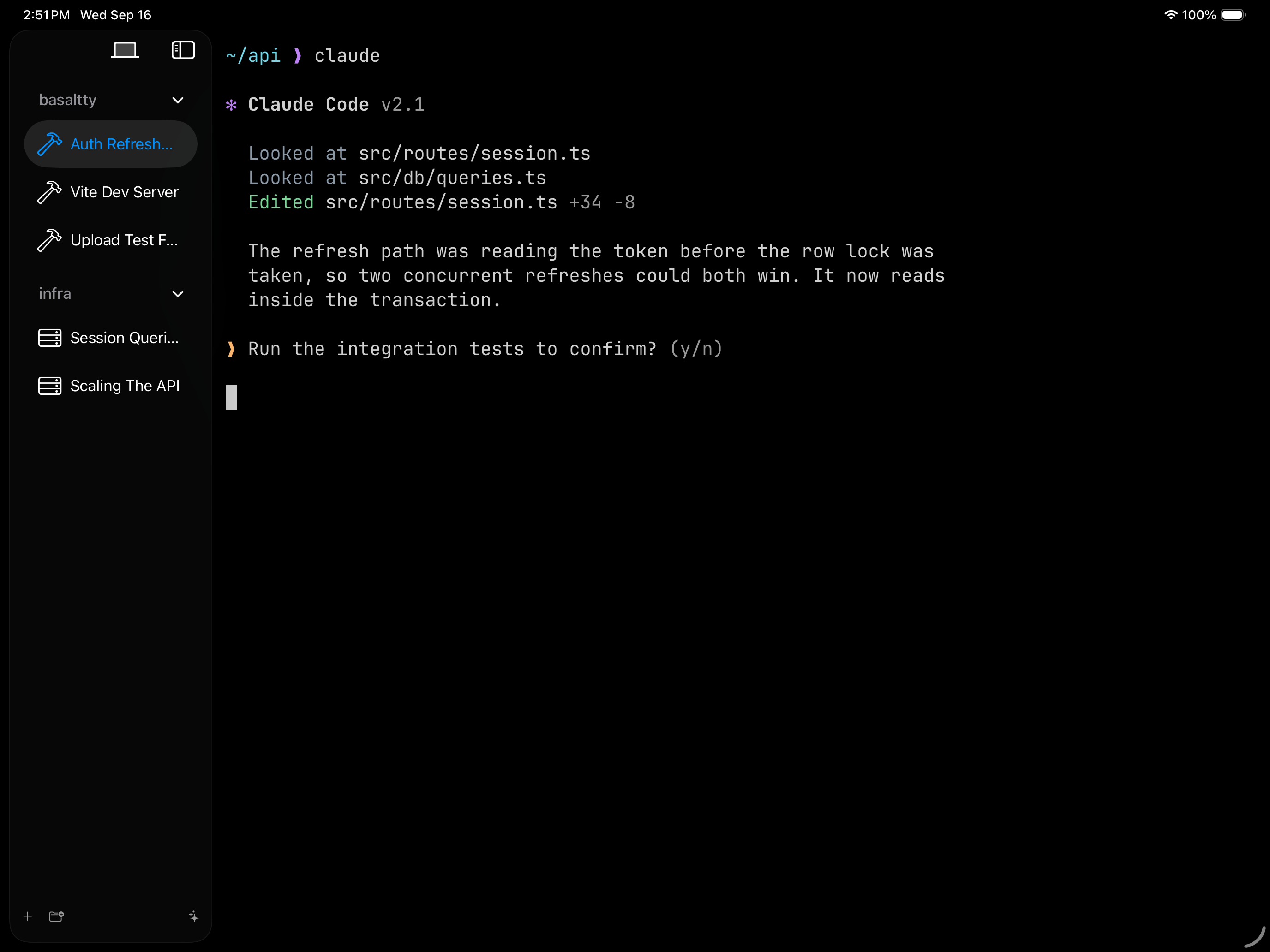 Basaltty on an iPad, with the sidebar and a terminal beside it