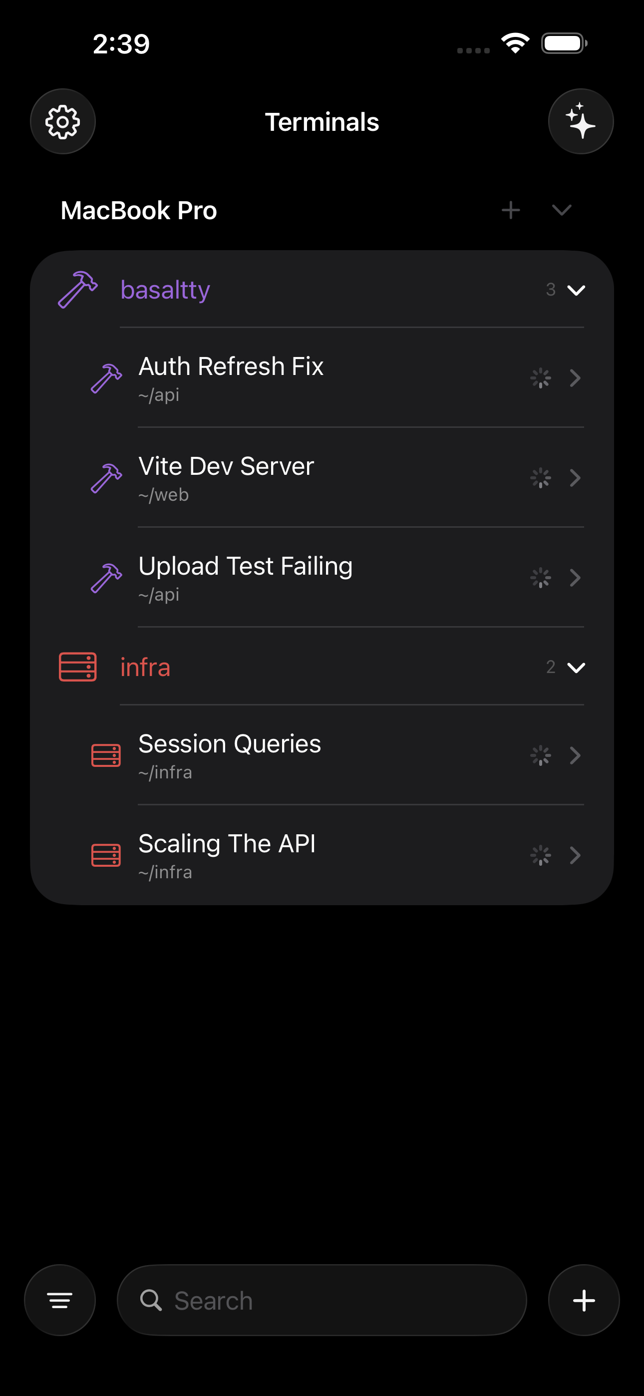 Basaltty on an iPhone, listing a Mac's terminal sessions in named groups