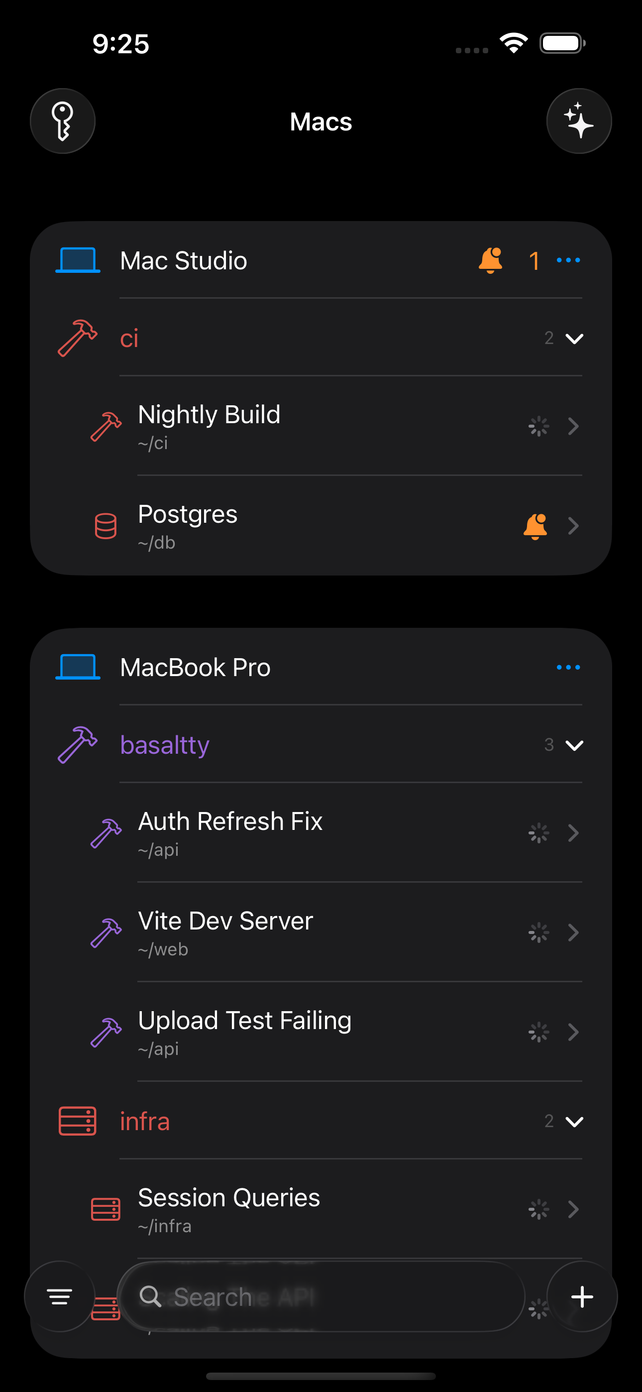 Basaltty on an iPhone listing a Mac's terminal sessions in named groups