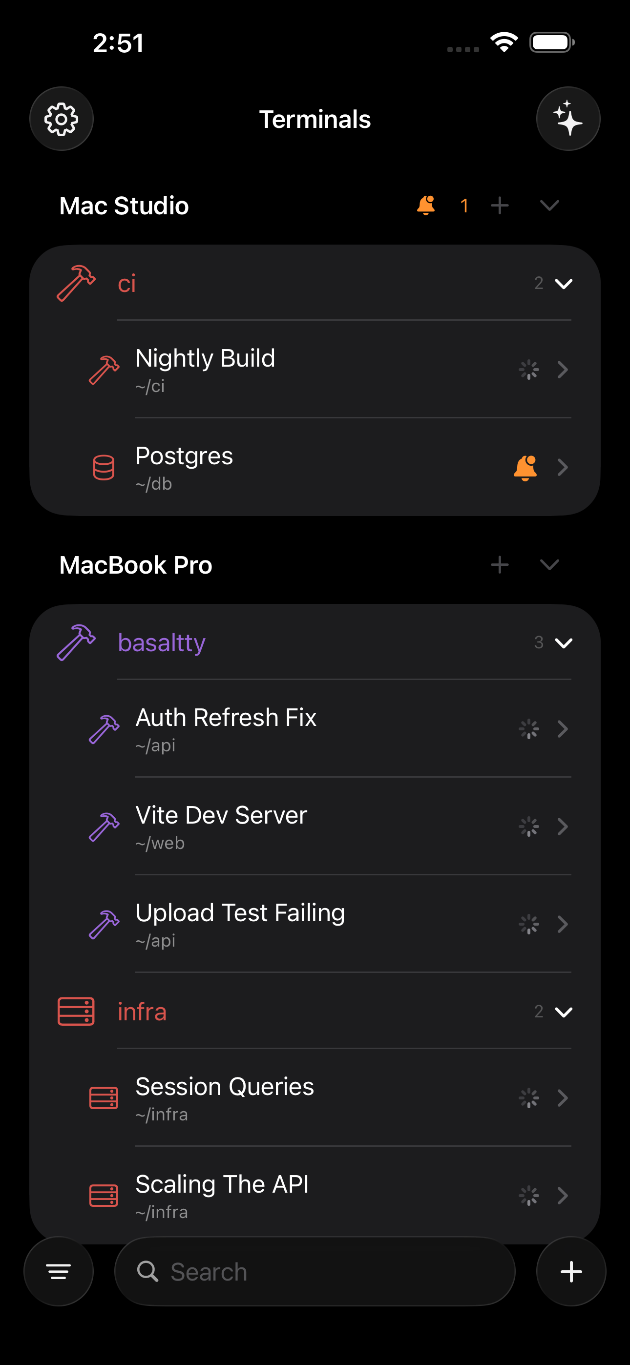 Basaltty on an iPhone listing a Mac's terminal sessions in named groups