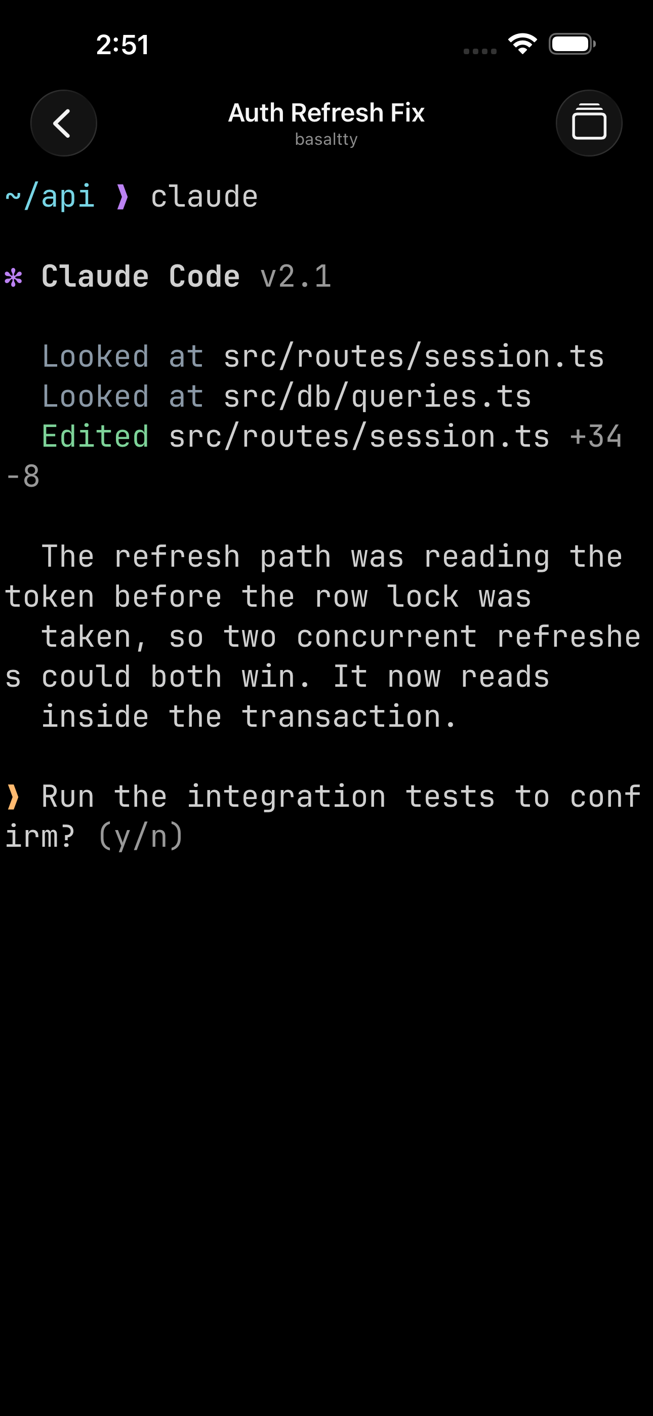 A Mac's terminal session mirrored on an iPhone, mid-task