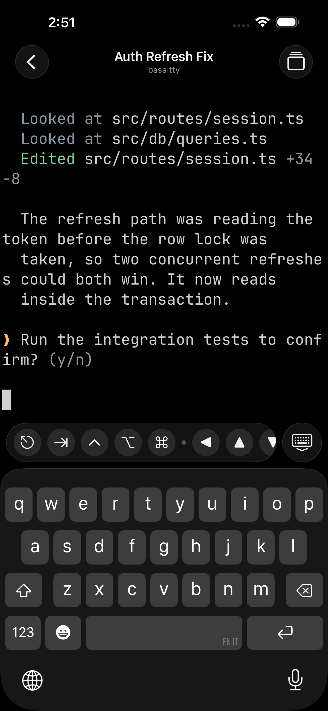 The iPhone keyboard with Basaltty's extra terminal keys above it