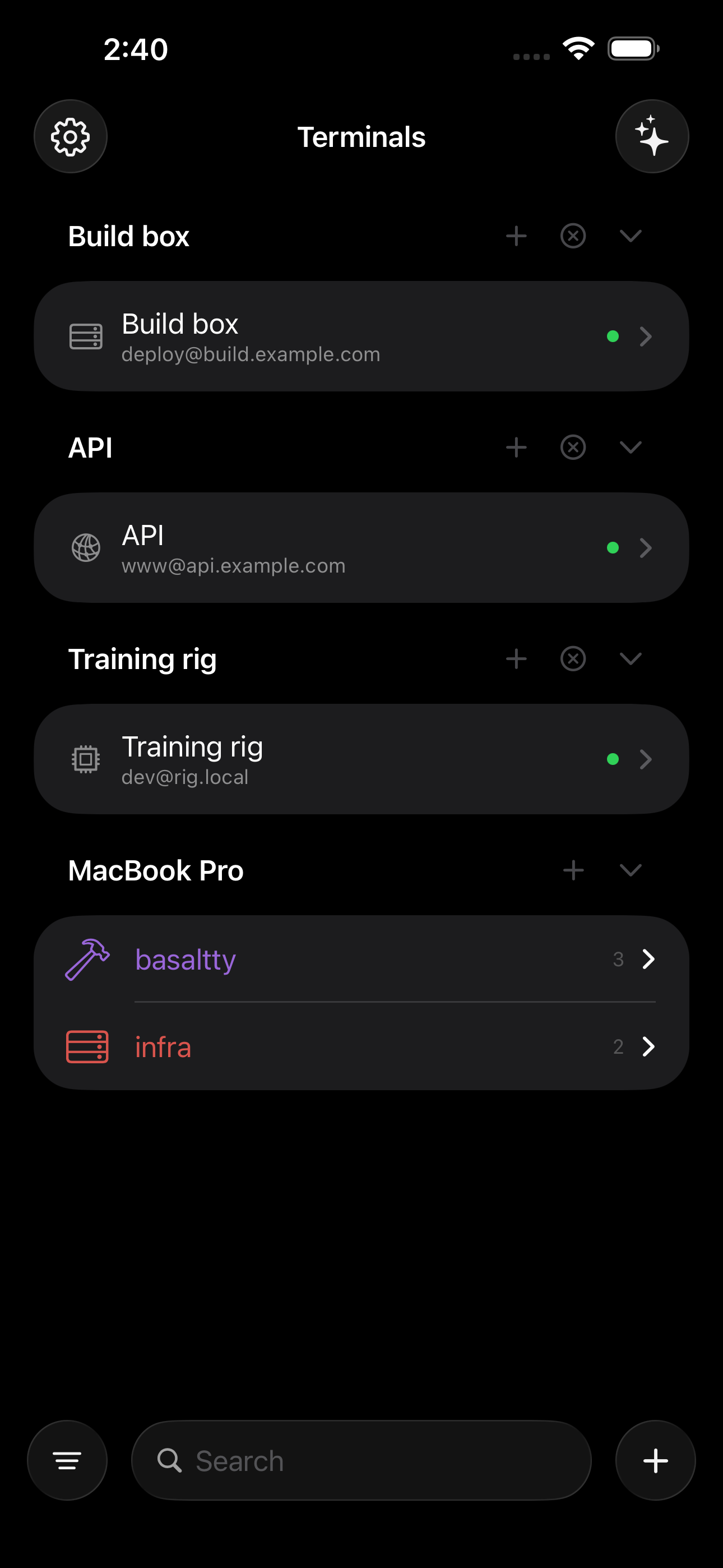 An iPhone listing saved SSH hosts, each with the account it connects as