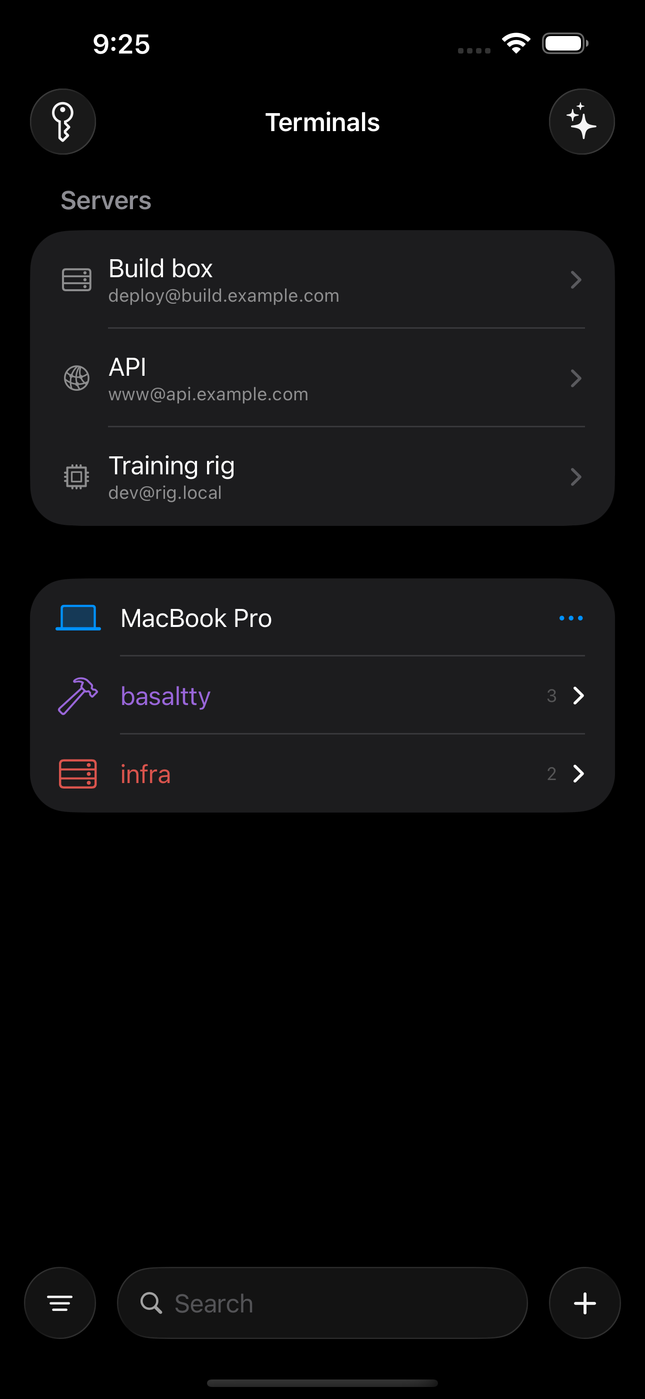 An iPhone listing saved SSH servers, each with the account it connects as