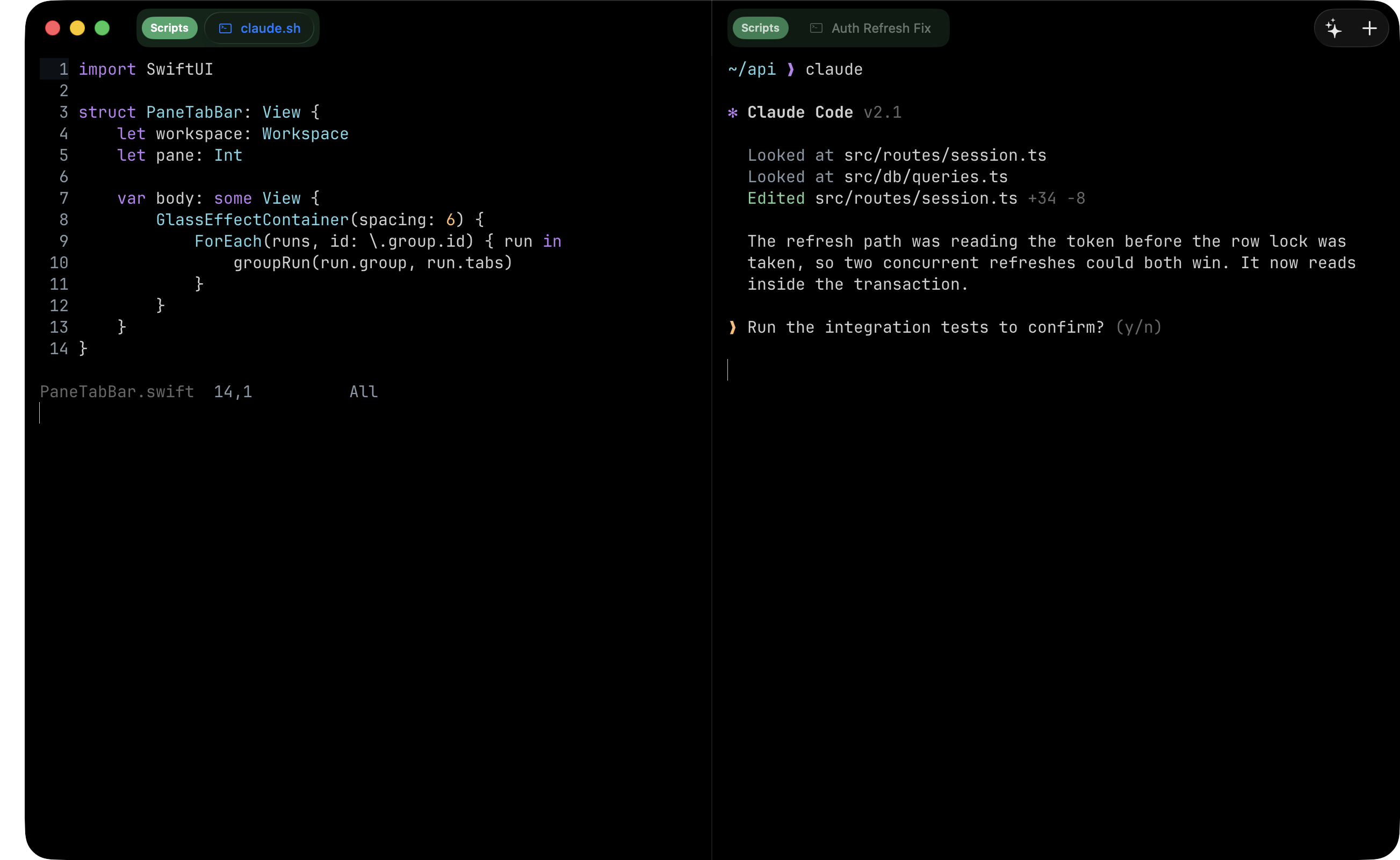 A session script open in a pane beside the session it drives