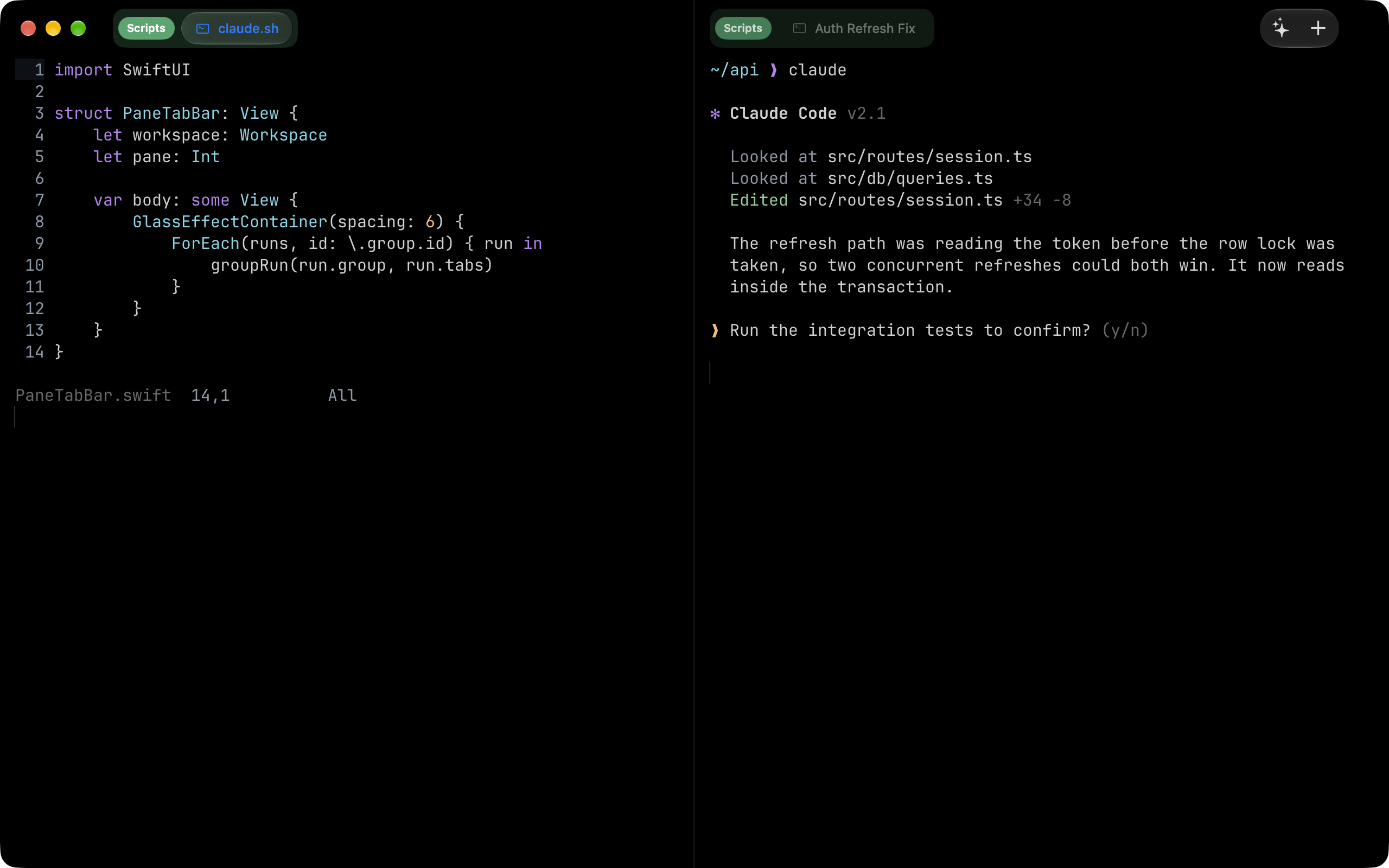 A session script open in a pane beside the session it drives